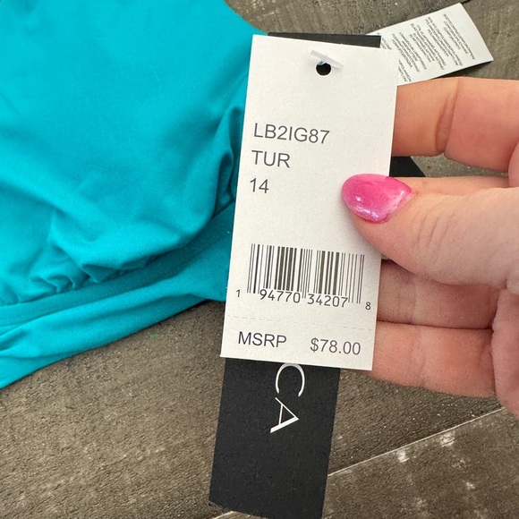 LA BLANCA Island Goddess Over Shoulder Halter Triangle‎ Top Turquoise 14 NEW - Picture 5 of 7